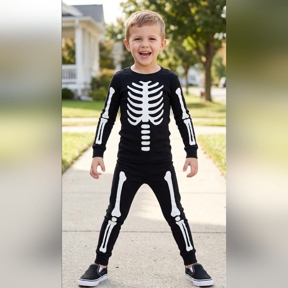 NWT Kids Black Skeleton Costume or PJ Set - Classic Skull Bone Print